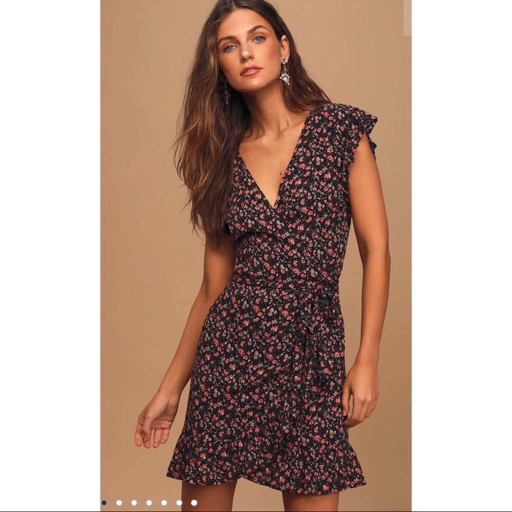 Lulus Black Floral Wrap Dress